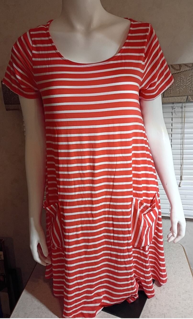 NWT Red White Stripe Swing Dress S Pockets Coastal Summer Casual Beachy Flowy